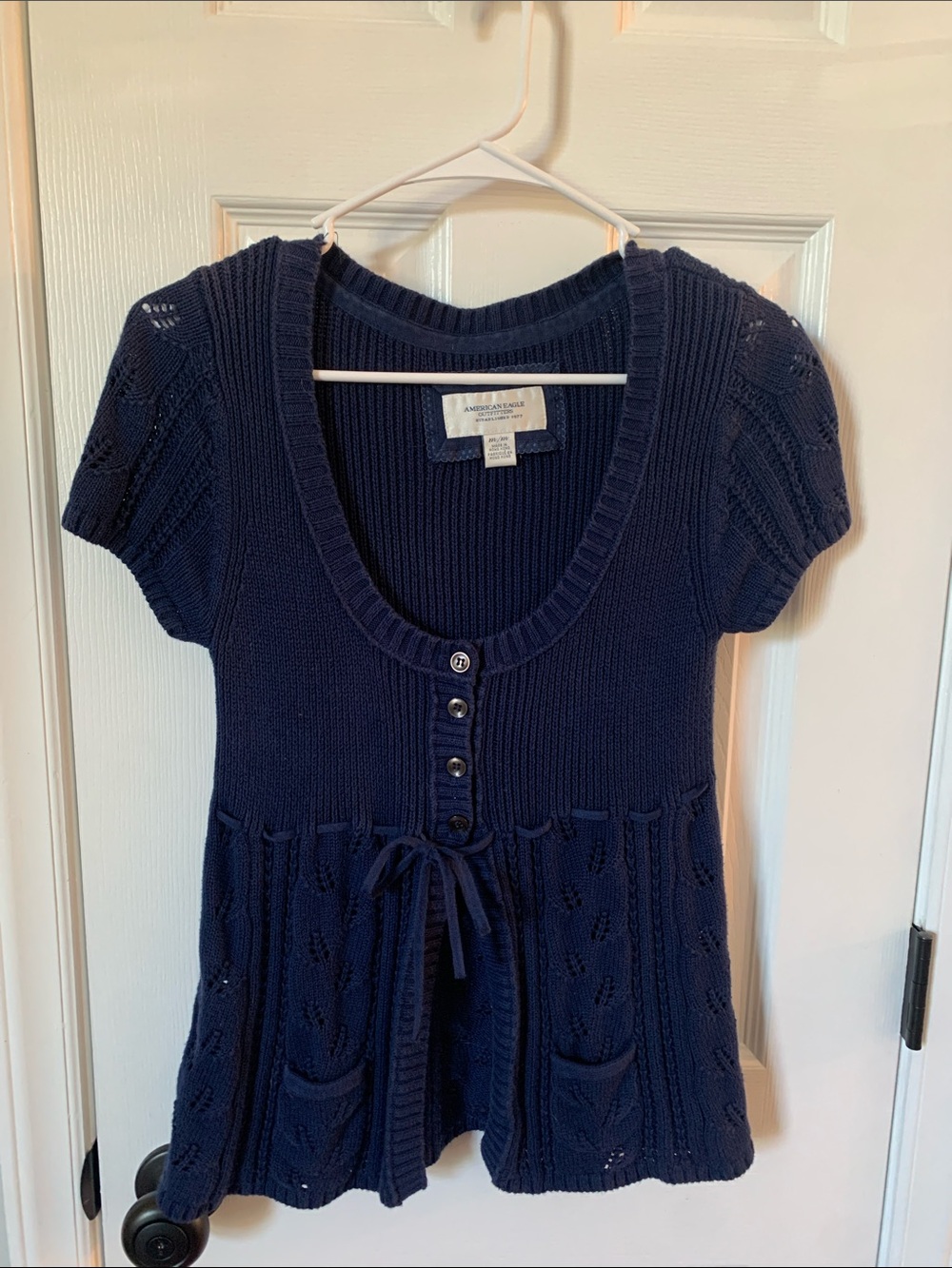 Vintage American Eagle Baby Doll Top Navy Blue Sweater 100% Cotton Medium Y2K
